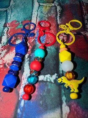 Colorful Beaded Keychain Trio - Blue, Red, Yellow handmade